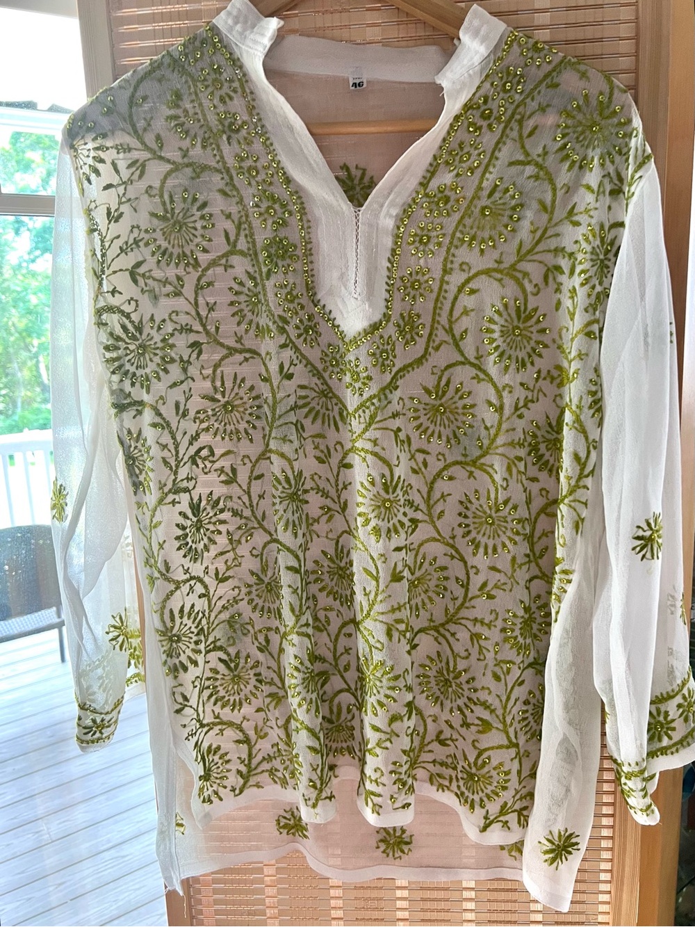 Sequined Embroidered Cotton Gauze Kurta XL/46 in Summer Green